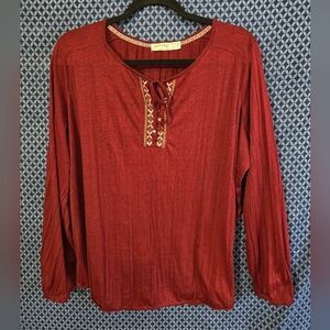 Faded Glory Burgundy Blouse with Patterned Trim